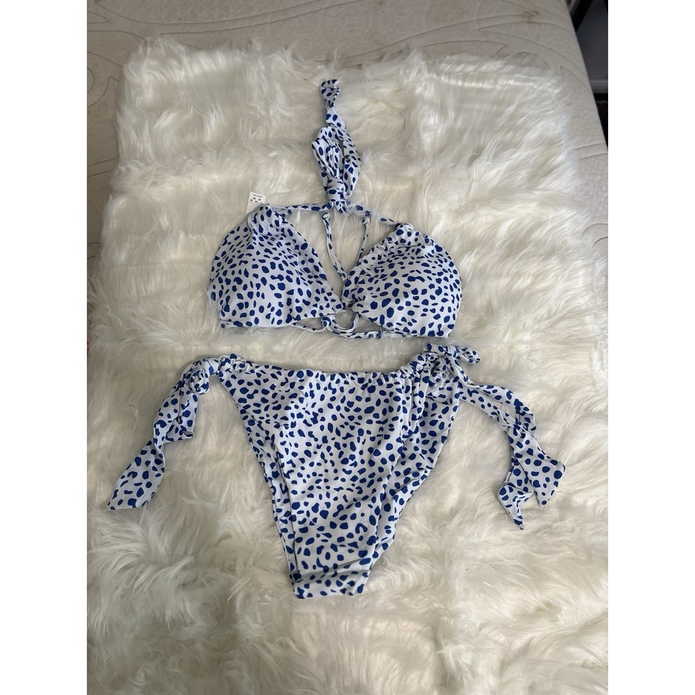 Peddney Women's White Blue Spotted 2 Piece Swim Suit Bikini Sz XXL Tie Side New